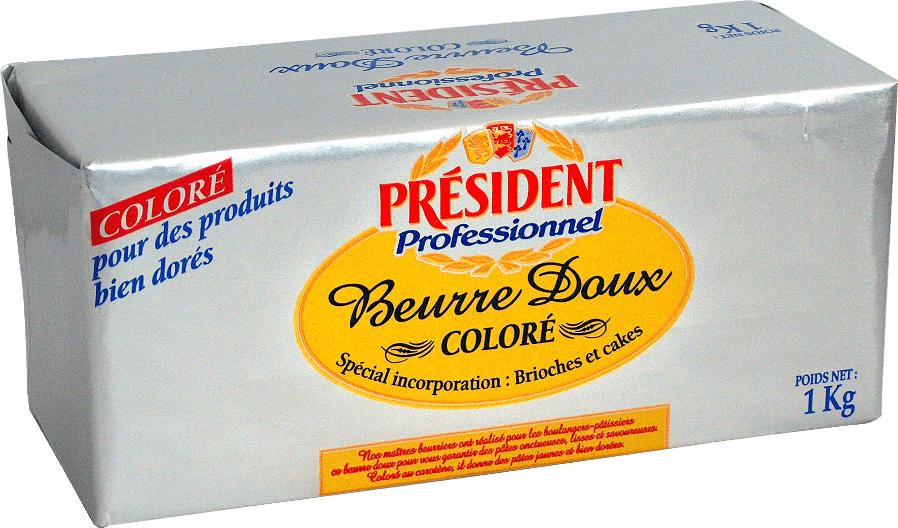Beurre doux coloré motte 1kg Président Professionnel